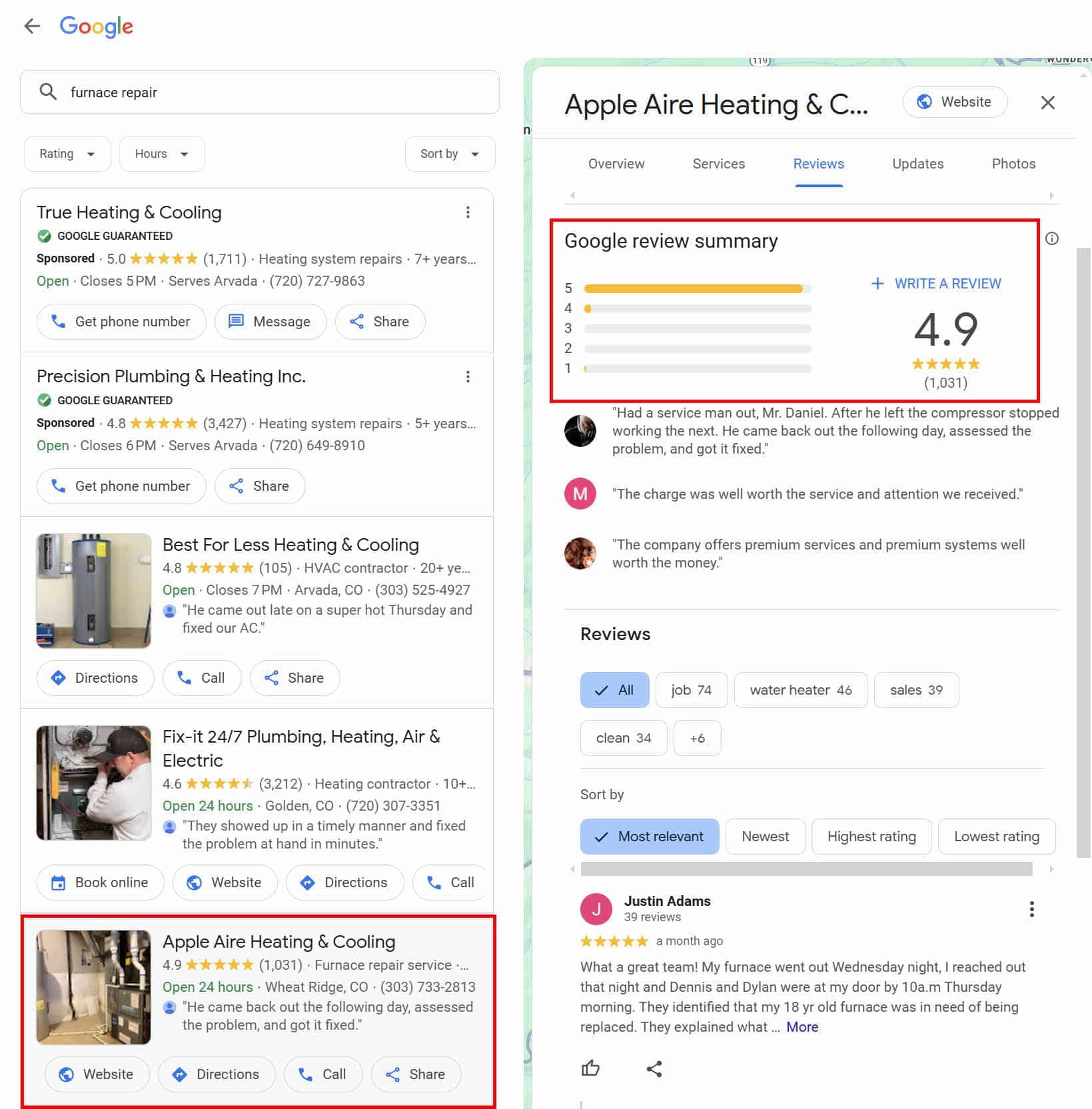Example of Reviews on a Google Business Profile